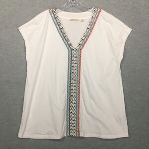 Soft Surroundings XL Embroidered White T Shirt V-Neck Dolman Short Sleeve FLAW